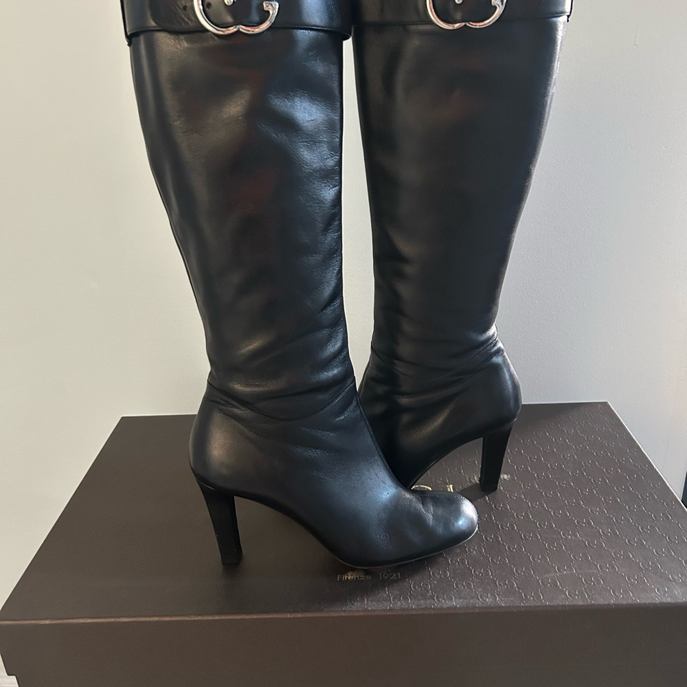 Gucci Black Heeled Boots with GG Silver Buckle Accents